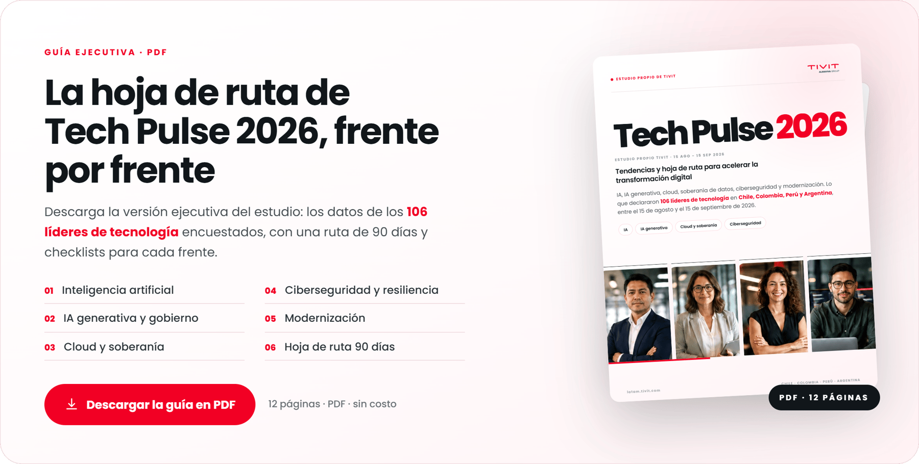 La hoja de ruta de Tech Pulse 2026, frente por frente. Descargar la guía en PDF: 12 páginas, sin costo.